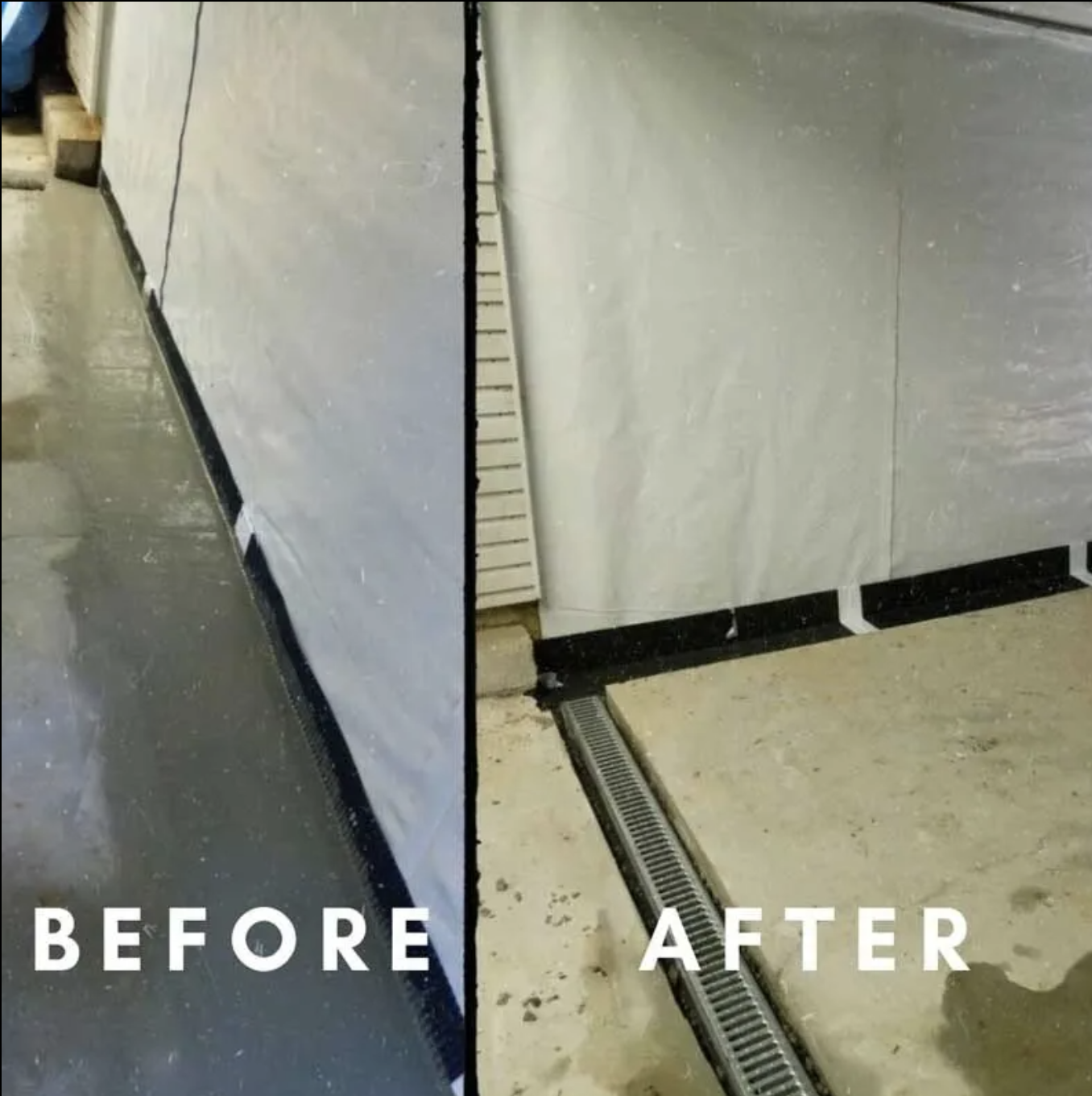 Before and after interior waterproofing membrane and drainage installation