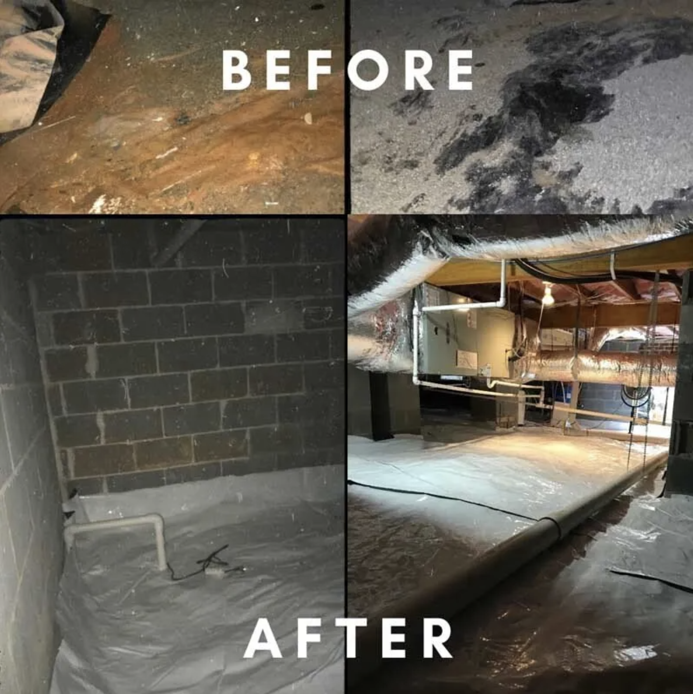 Before and after crawl space encapsulation, from bare dirt to sealed liner